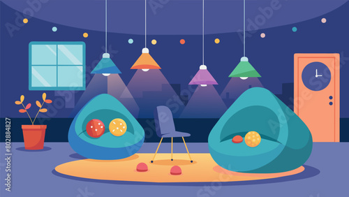 A sensory room filled with soft lighting cozy bean bag chairs and fidget toys designed to provide a safe and relaxing space for employees with ADHD. Vector illustration