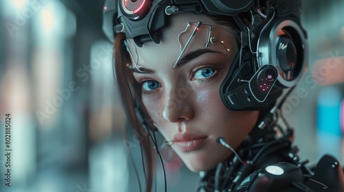 Futuristic female character with detailed helmet and suit. Studio portrait. Science fiction and advanced technology concept
