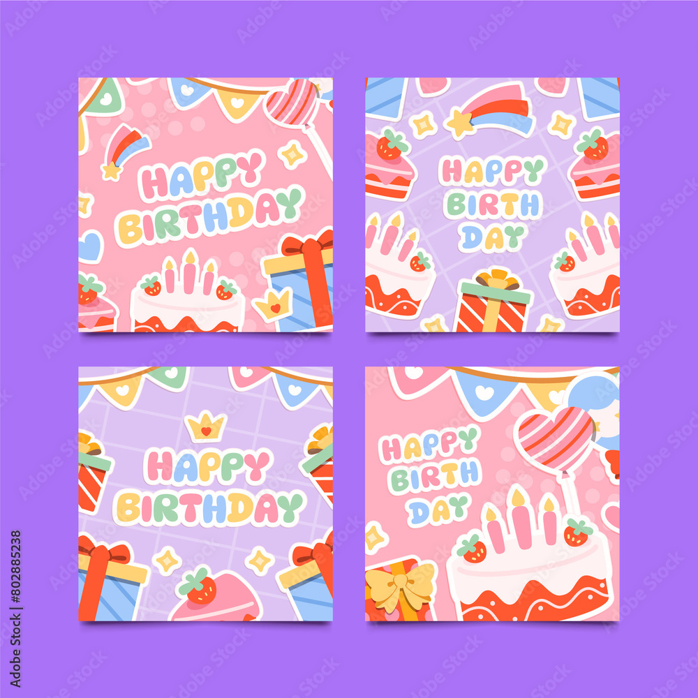 Colorful birthday stickers square cards set collection Colorful birthday stickers square cards set collection