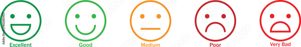 Set Emoticon Review Of Customer Feedback, From excellent, good, medium, poor, to very bad. Rating Review Set Emoticon Review Of Customer Feedback, From excellent, good, medium, poor, to very bad. Rating Review