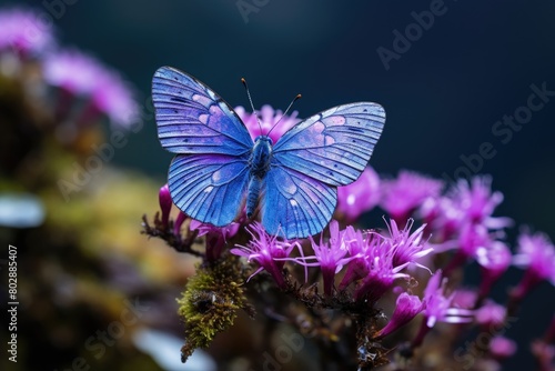 Vibrant blue butterfly on purple flowers © Balaraw