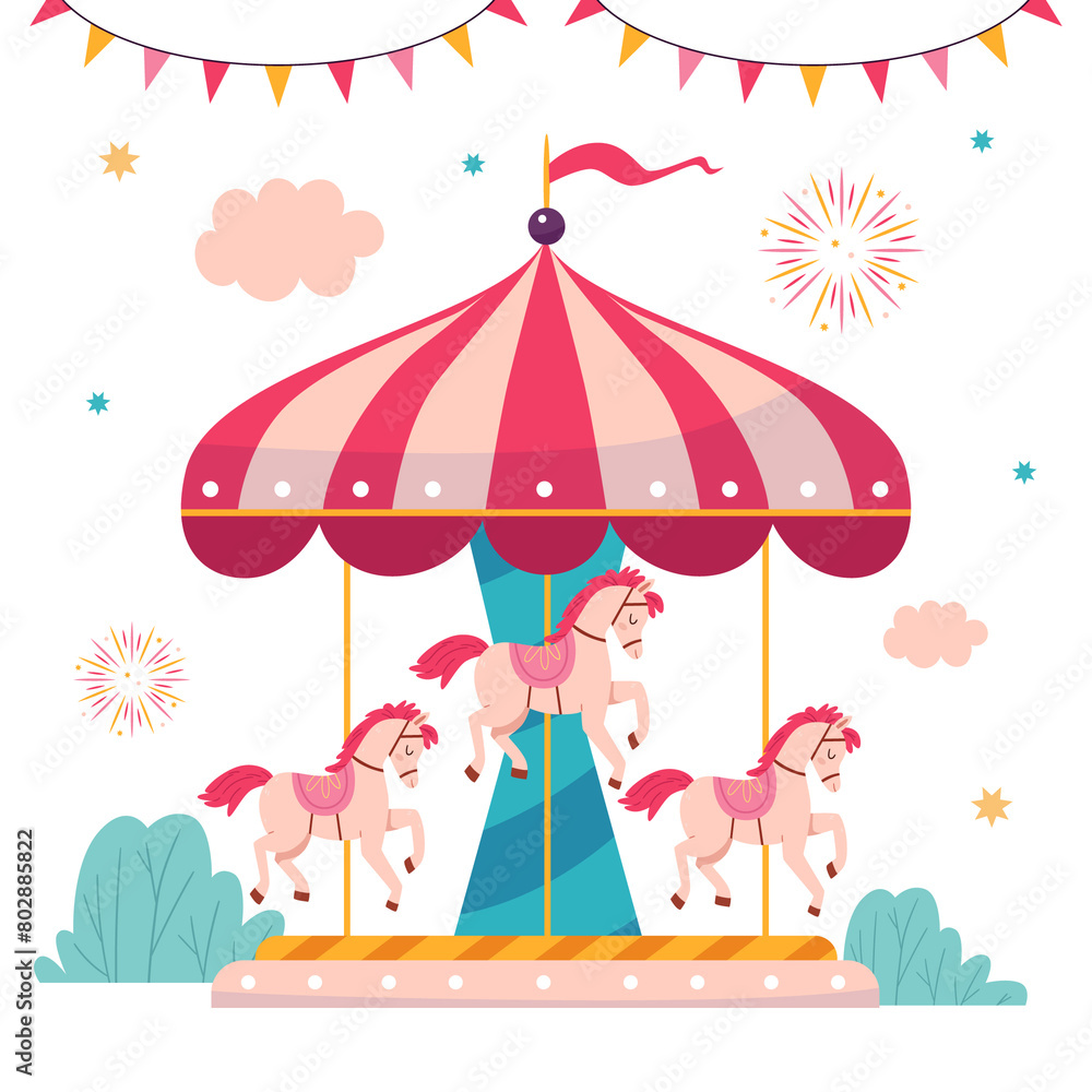 Flat amusement park composition with carousel Flat amusement park composition with carousel