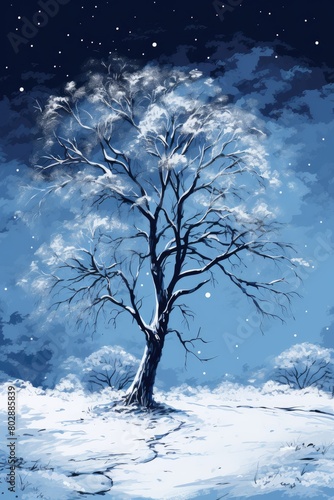Snowy winter night landscape with bare tree © Balaraw