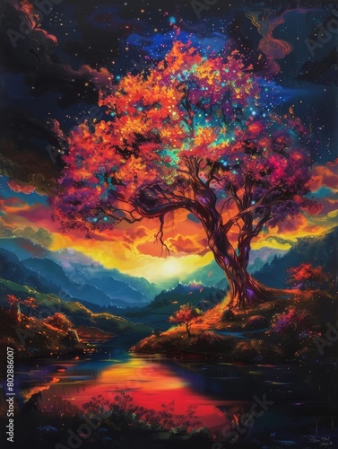 Enchanting painting of a tree with multicolored autumn leaves under a radiant cosmic sky by a tranquil river. © Volodymyr
