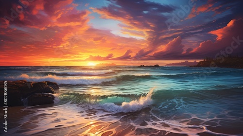 Breathtaking sunset over the ocean waves © Balaraw
