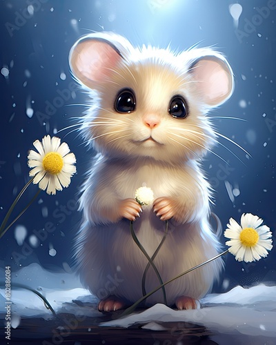 Cute fluffy mouse with flowers in winter