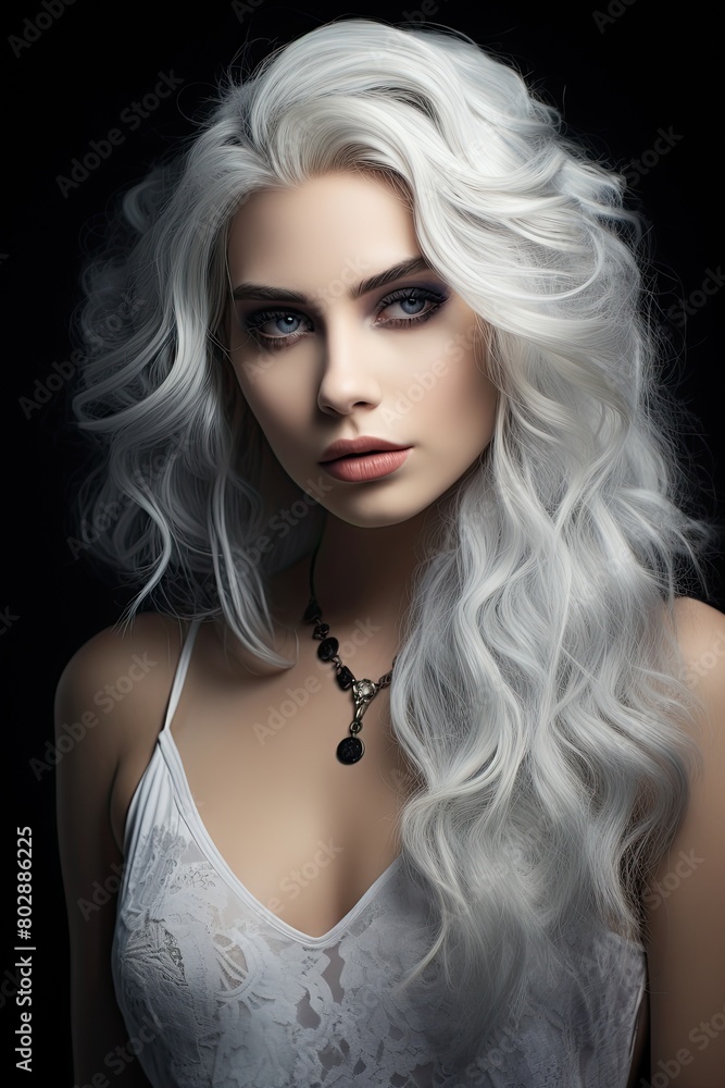 Striking silver-haired woman with dramatic makeup