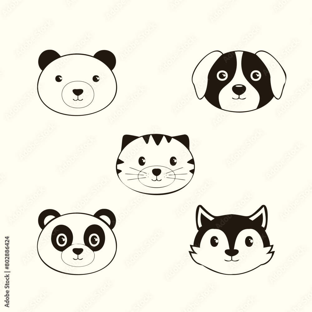 Minimalist Cartoon Animal Set: Cat, Bear, Panda, Dog, Wolf. Whimsical Vector Drawings in a Playful Style. Perfect for Prints, Merchandise, and Kids' Decor. Minimalist Cartoon Animal Set: Cat, Bear, Panda, Dog, Wolf. Whimsical Vector Drawings in a Playful Style. Perfect for Prints, Merchandise, and Kids' Decor.