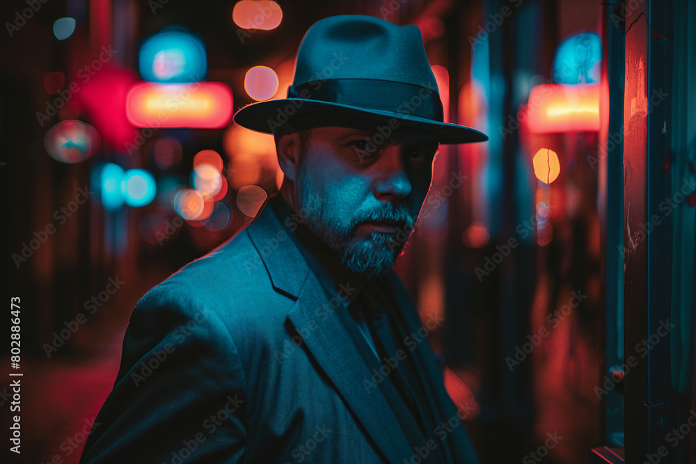 Generative AI image of mysterious man in trench coat and fedora standing under the rain at night Generative AI image of mysterious man in trench coat and fedora standing under the rain at night