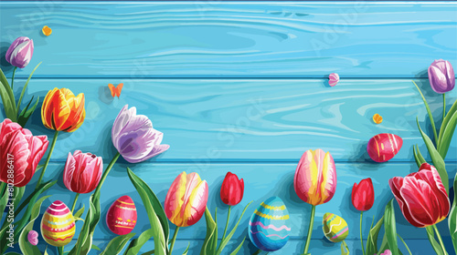 Beautiful tulip flowers with painted Easter eggs on b