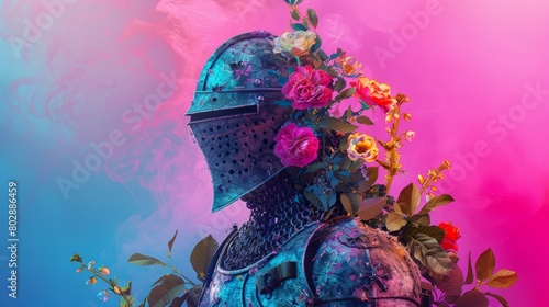 Women's rights, feminism. Contemporary art collage. Idea, inspiration, aspiration and creativity. Brutal medieval knight with flowers on bright neon background. Concept of love, comparison of eras