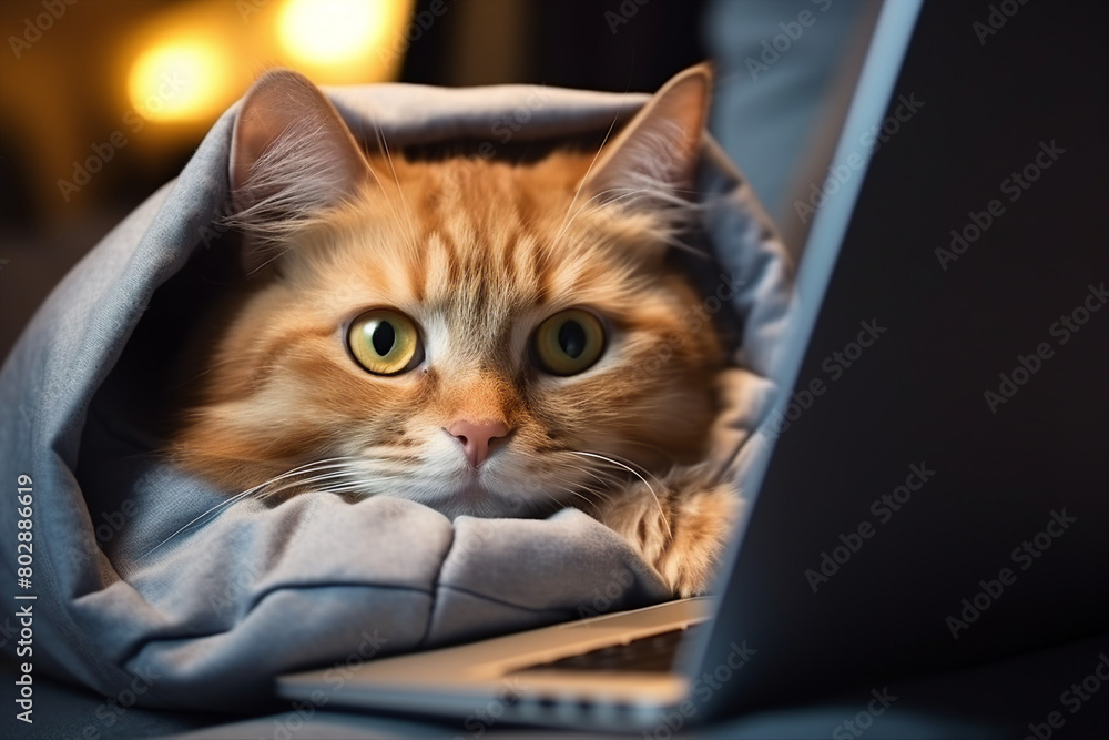 Generative AI image of funny animal looking at the laptop computer screen cozy flat Generative AI image of funny animal looking at the laptop computer screen cozy flat