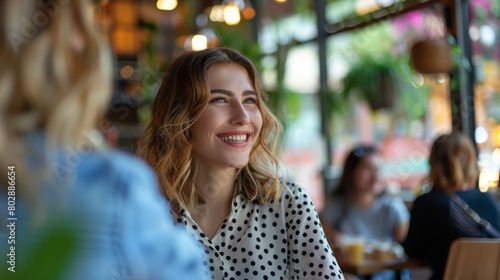 Woman in Blouse Smiling in Cafe. Casual Portrait Photography. Everyday life and leisure concept.