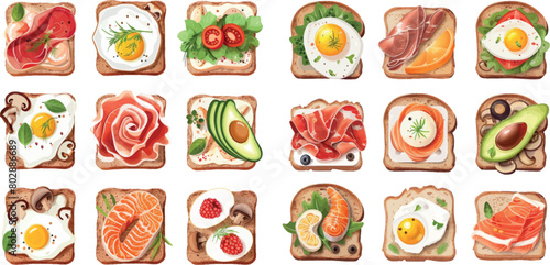 Sandwiches top view. Isolated sandwich different toppings, toast ingredients prosciutto salmon honey egg avocado mushrooms