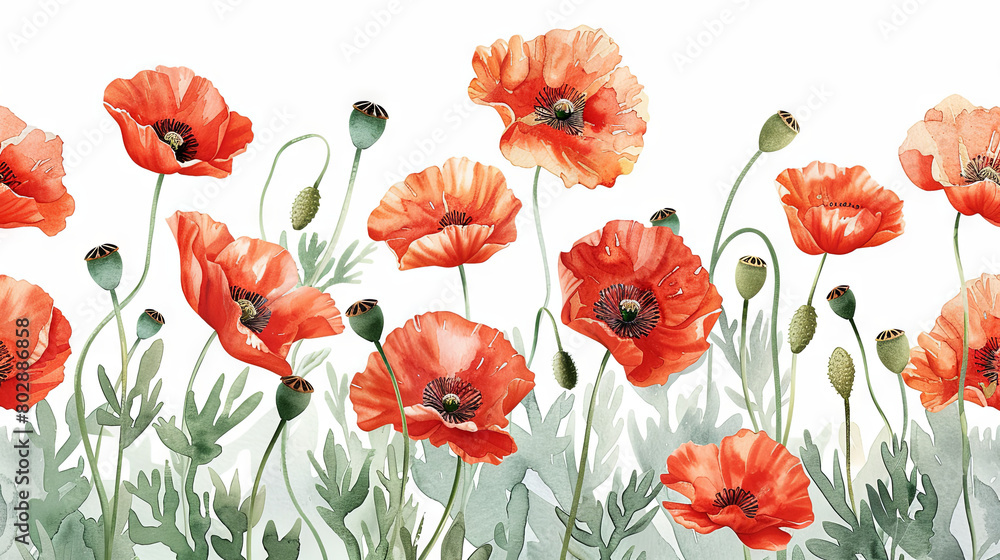 Watercolor illustration of flowering poppy Watercolor illustration of flowering poppy