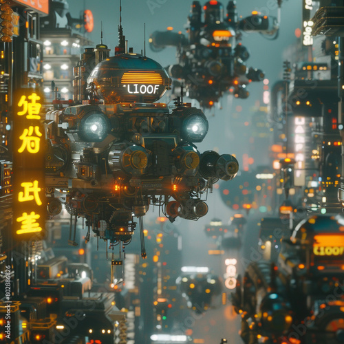 The image shows a futuristic city with flying cars and buildings