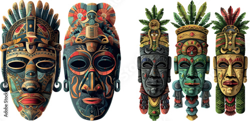 Tribal maya, african masks - outlune and color mask vector illustation