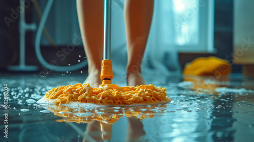 A person is cleaning a floor with a yellow mop photo