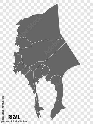 Blank map Rizal of Philippines. High quality map Province of Rizal with districts on transparent background for your web site design, logo, app, UI.  Republic of the Philippines.  EPS10.