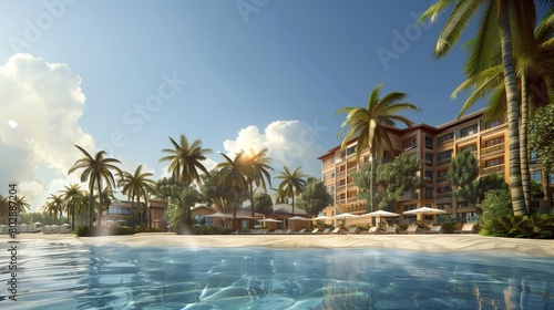 Beachfront resort hotel with palm trees.