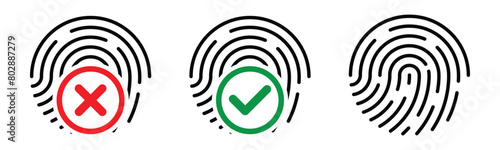 Set of fingerprint scan icons. thumb print symbol with approved and disapproved sign. biometric security check icon for mobile app, ui, website. vector illustration on transparent background.
