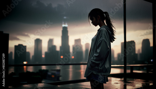 illustrazione di giovane ragazza sotto la pioggia, sfondo con paesaggio urbano, scuro e temporalesco photo