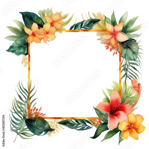 Botanical Floral Frame with Tropical Leaves and Flowers
