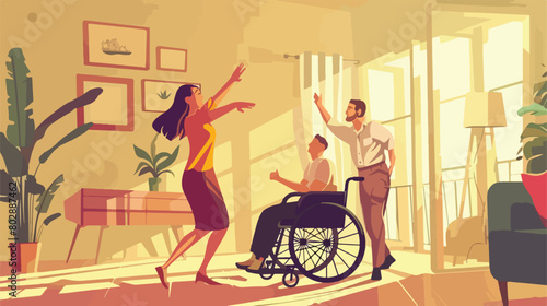 Beautiful woman in wheelchair with man dancing at home