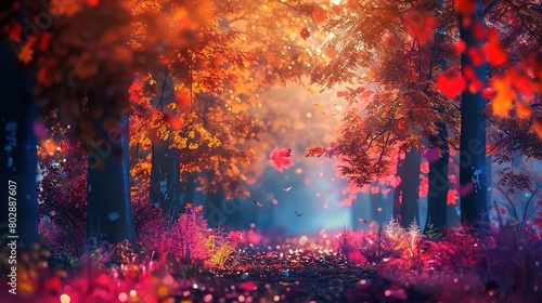 An image of a forest with trees that have luminous, colorful leaves