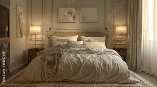 3D rendering of cozy bedroom with neutral decor and soft bedding