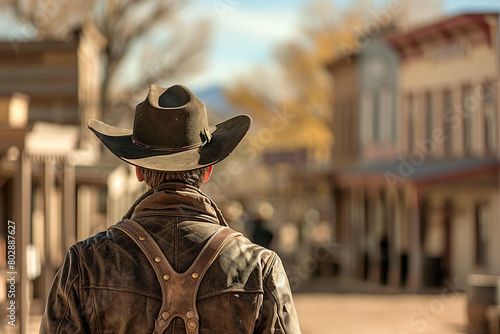 Generative AI picture Portrait of wild west retro movie western city town with cowboys and cowgirls and horses © Tetiana