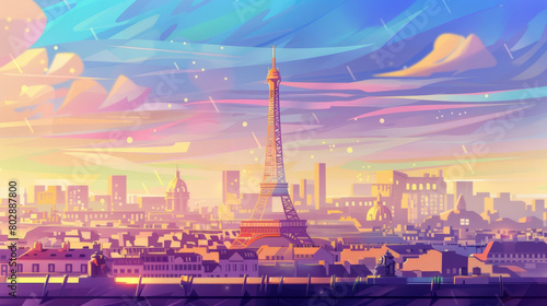 A serene illustration of the Eiffel Tower amidst the Paris cityscape, under a pastel-colored twilight sky with dynamic cloud patterns.