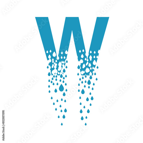 The letter W dissolves into droplets. Drops of liquid fall out as precipitation. Destruction effect. Dispersion