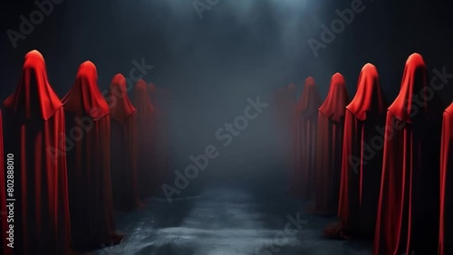 People in red cloaks and hoods perform a magical sectarian religious ceremony. The black magicians of the sect perform the rite