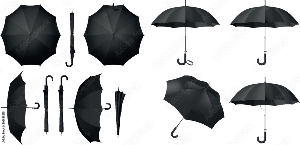 Realistic black umbrella. Umbrellas mockup, open and closed umbel Stock ...