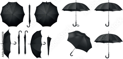 Realistic black umbrella. Umbrellas mockup, open and closed umbel photo