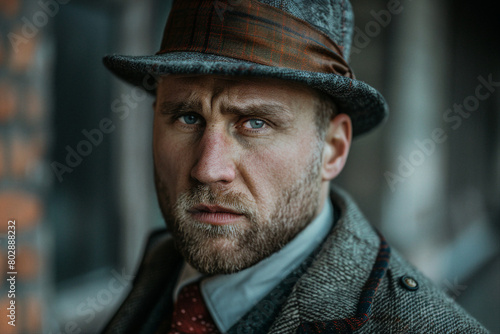 Generative AI image of man in coat in city detective and mafia