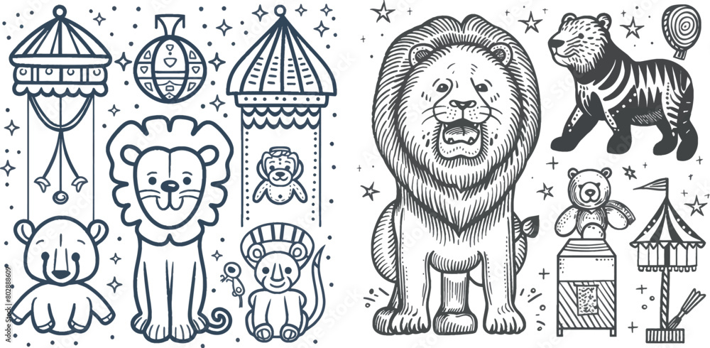 Circus vector line art icons with lion and bear