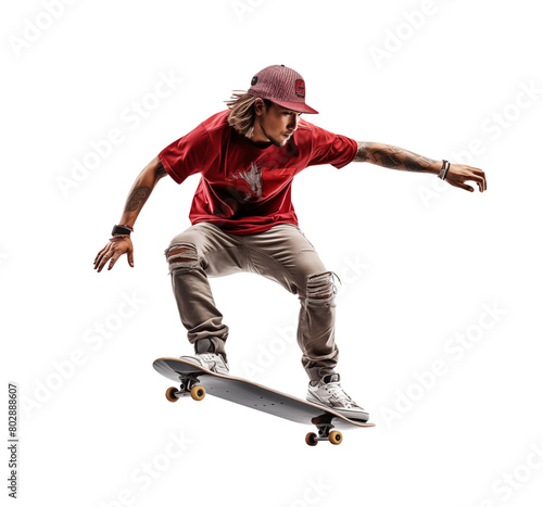 A male skateboarder doing tricks, isolated on a white background, shows an urban lifestyle and sport. Generative AI