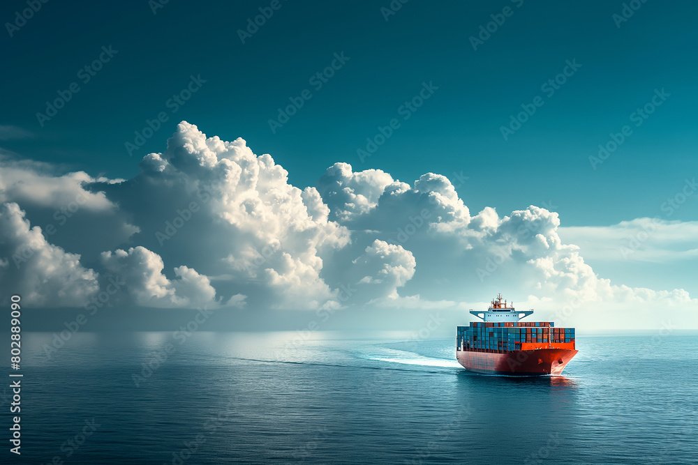 Cargo ship carrying containers across a calm ocean under a dramatic cloud formation ,generative ai