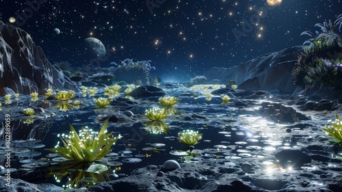 The AI-generated photo shows a beautiful landscape with a lake  mountains  and a starry sky