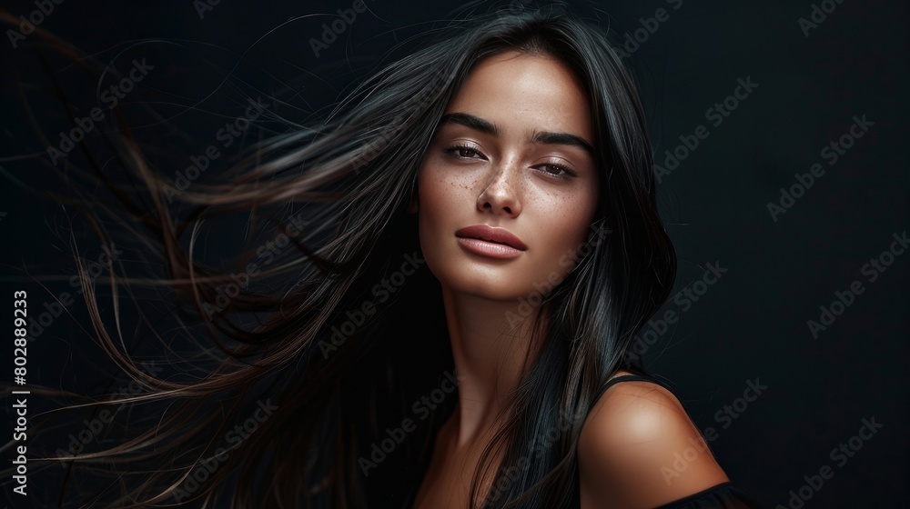 A beautiful tender girl in a silk top with beautiful long dark hair developing in the wind. Black background.Fashion, beauty, make-up, hairstyle, personal care, beauty salon, cosmetics.fashion, beauty