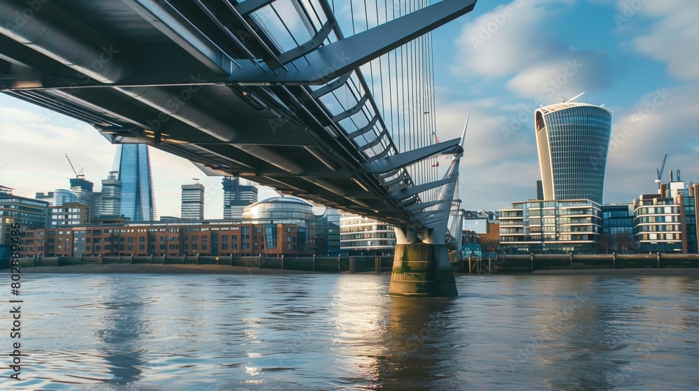 Contemporary bridge architecture spanning a river. Contemporary bridge architecture spanning a river.