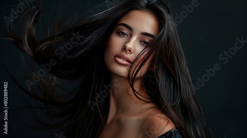 A beautiful tender girl in a silk top with beautiful long dark hair developing in the wind. Black background.Fashion, beauty, make-up, hairstyle, personal care, beauty salon, cosmetics.fashion, beauty