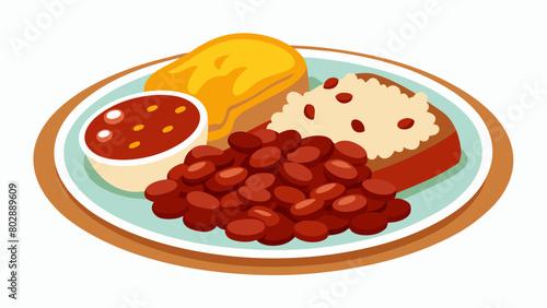 A closeup illustration of a plate filled with red beans and rice topped with a juicy slab of BBQ ribs. These foods are symbolic of the African. Vector illustration