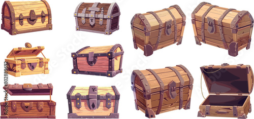 Chest animation. Empty treasure box, open and closed medieval ancient wooden chests, game old pirate treasures