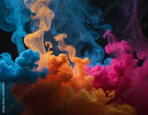 A colorful cloud of smoke with a mix of blue, orange, and pink hues
