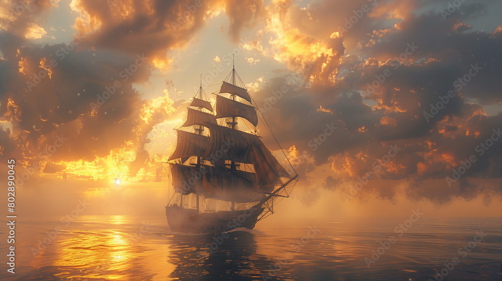 Historic Sailing Ship at Sunset with Dramatic Sky