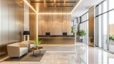Contemporary office lobby with a reception desk and comfortable seating.