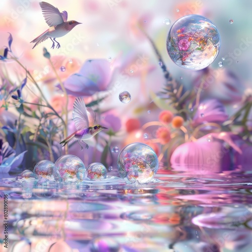 Fantasy landscape with flying big glass spheres, flowers and birds